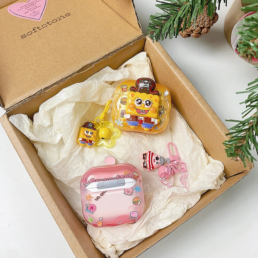 Cute 3D Cartoon Earphone Case For AirPods Pro2/Pro3/4/3/2 Shockproof Anti-drop Protective Case Lovely Gift For SpongeBob Girls